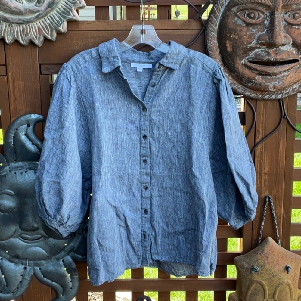 Chicos Linen Grey Puff 3/4 sleeve Blouse Size 2